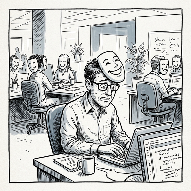 An anxious tech worker at a desk with a confident mask pushed up on their forehead, while coworkers in the background all wear similar masks